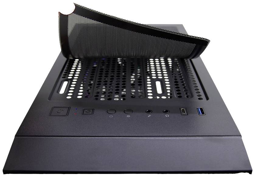Czarna obudowa komputera prezentuje górną część z wieloma otworami wentylacyjnymi i złączami. Magnetyczna kratka jest częściowo otwarta.
