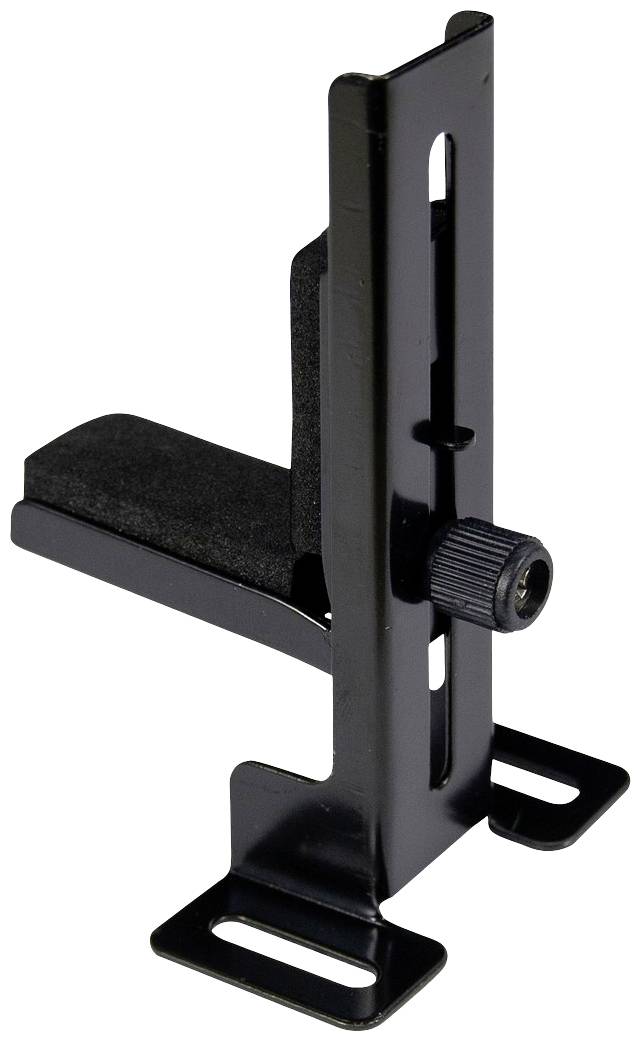 Czarna metalowa podstawa z regulacyjną śrubą, stosowana do pewnego mocowania przedmiotów na ścianach lub innych powierzchniach.