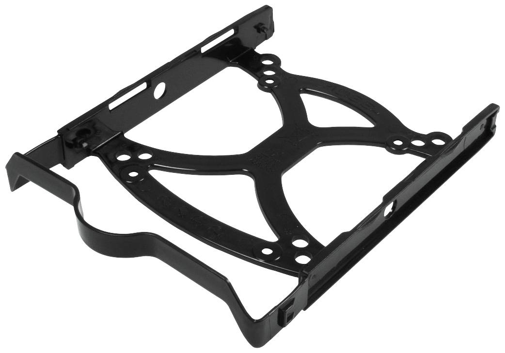 Czarny metalowy uchwyt na dysk twardy do montażu w obudowie komputera, wyposażony w otwory mocujące i charakteryzujący się solidną konstrukcją.