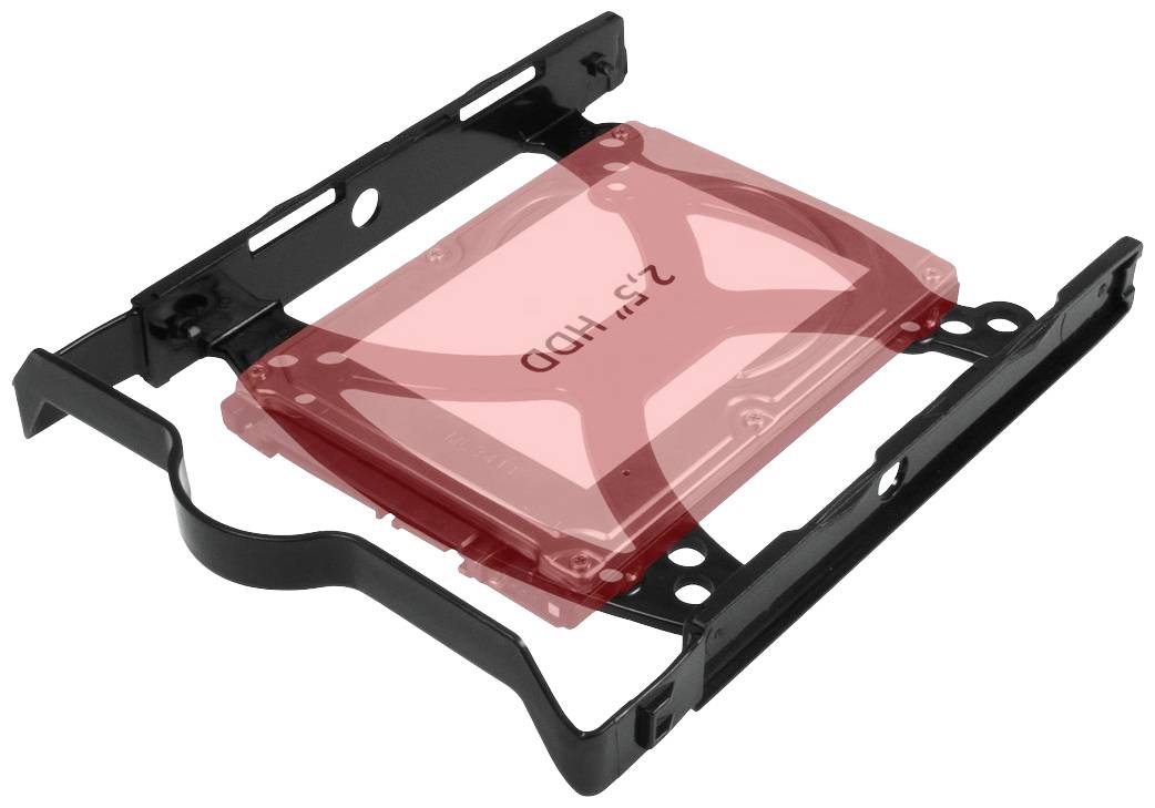 Czerwony dysk twardy 2,5-calowy zamontowany w czarnej ramce adaptera przystosowanej do instalacji w obudowie komputera.