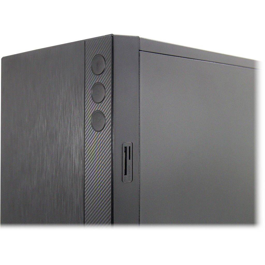 Obudowa komputera z bliska. Widok przedniej strony z kilkoma przyciskami i gniazdem karty SD. Minimalistyczny design.