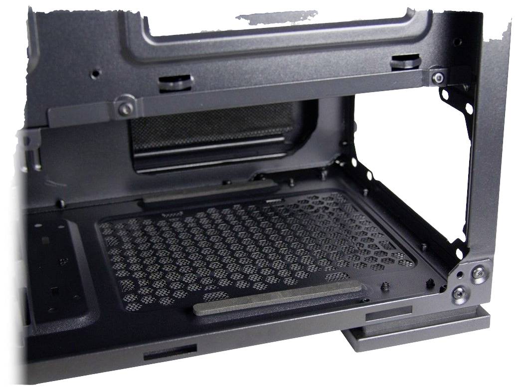 Widok wewnętrzny obudowy komputera przedstawiający przewietrzane dolne panele, filtry przeciwkurzowe oraz strefy montażowe.