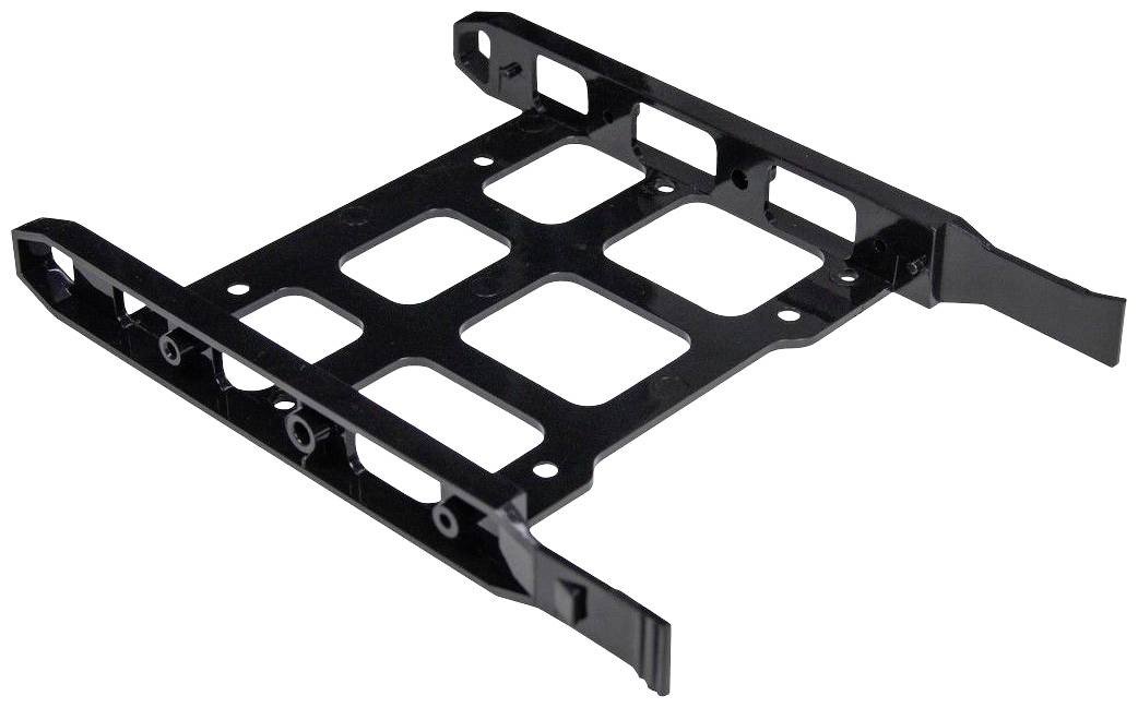 Czarny plastikowy uchwyt montażowy przeznaczony do instalacji dysków twardych w obudowie komputera.