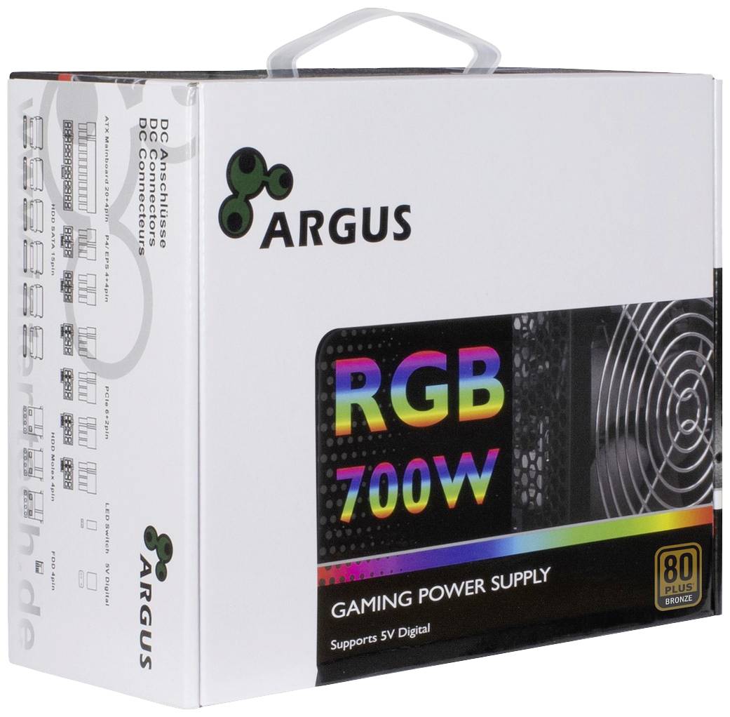 Biała opakowanie z napisem 'Argus RGB 700W Gaming Power Supply'. Na opakowaniu widoczna jest kratka wentylatora oraz szczegóły podświetlenia RGB.