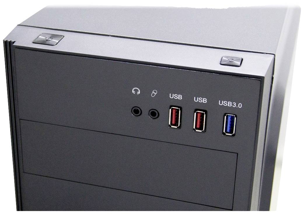 Czarna obudowa komputera z portami USB i gniazdami audio z przodu.