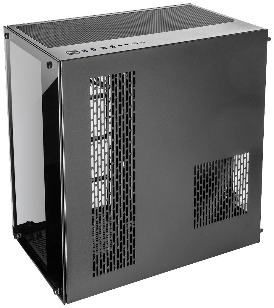 Czarna obudowa komputera z otworami wentylacyjnymi i przezroczystym panelem bocznym. Na górze znajduje się kilka złączy.