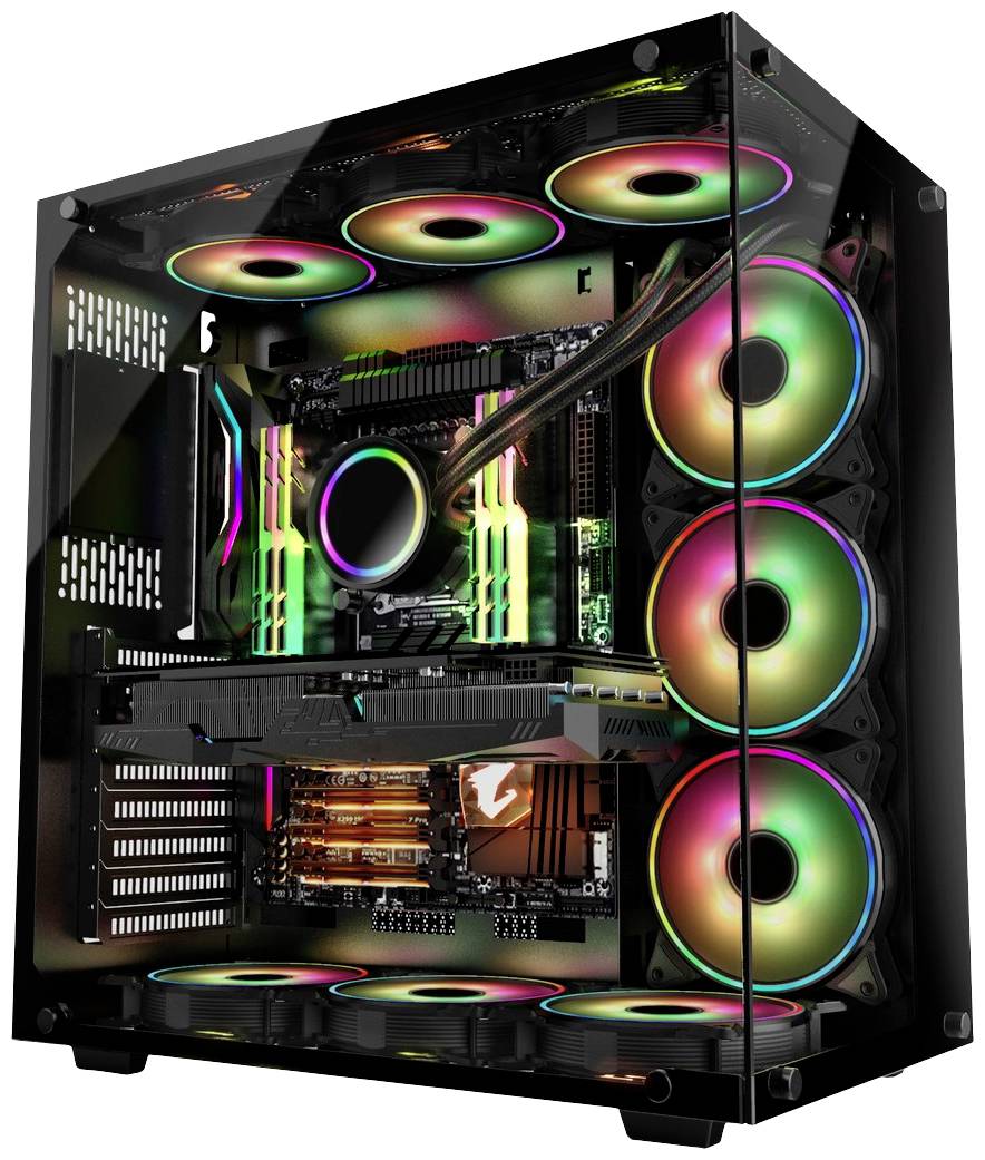 Otwarty komputer z przezroczystą obudową ukazuje kolorowe diody LED na wentylatorach i podzespołach we wnętrzu.