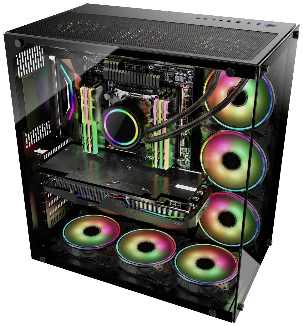 Przezroczysta obudowa komputera z podświetleniem RGB we wnętrzu, w tym wentylatorami, kartą graficzną i płytą główną.