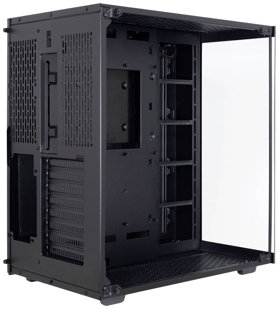 Czarna obudowa komputera z przezroczystą boczną ścianką, pokazująca miejsce na komponenty takie jak płyta główna, karta graficzna i napędy.