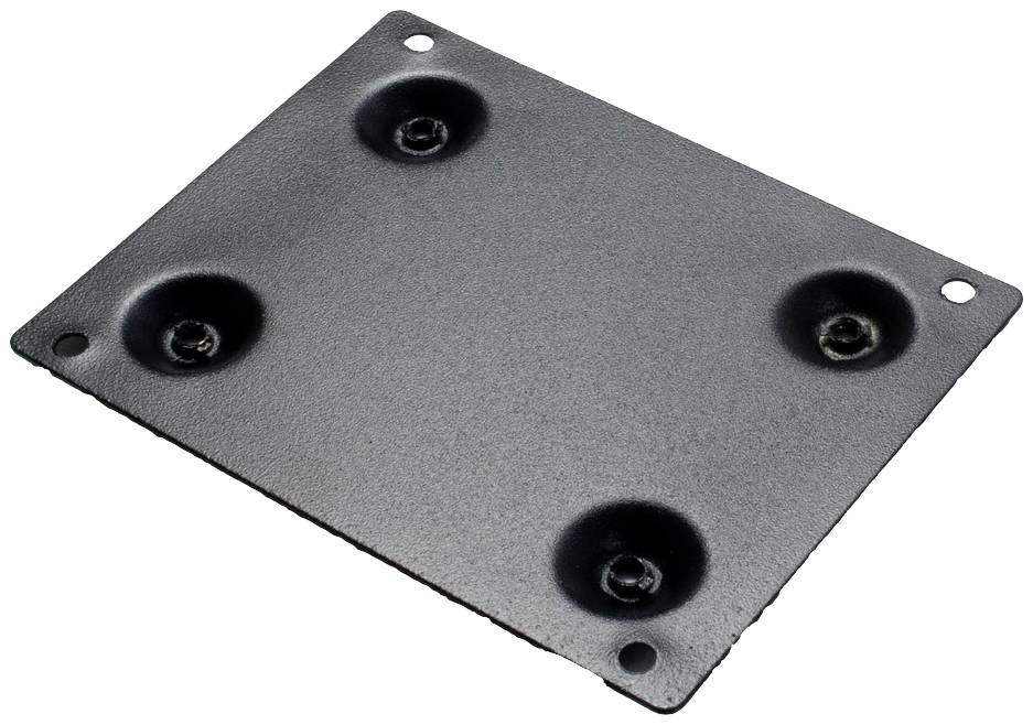 Czarna, prostokątna płyta metalowa z czterema okrągłymi wypustkami w narożnikach, używana jako podstawa montażowa lub uchwyt.