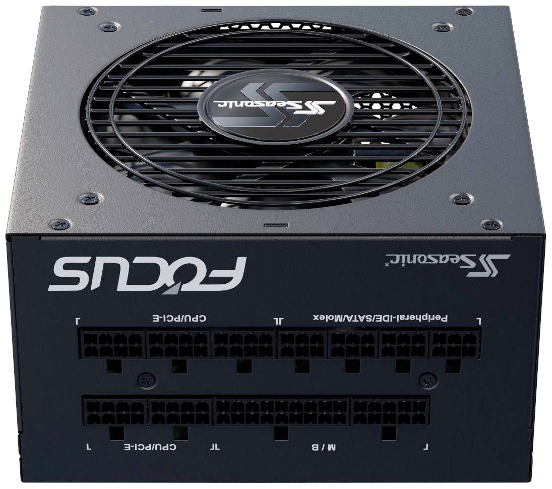 Czarny zasilacz komputerowy marki 'Seasonic' z wieloma możliwościami podłączenia komponentów.