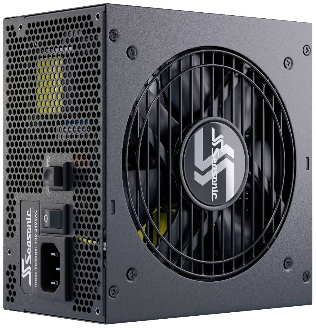 Zasilacz z wentylatorem, gniazdem przyłączeniowym i włącznikiem sieciowym. Widoczny znak firmowy 'Seasonic'. Komponent elektroniczny do obudowy komputera.