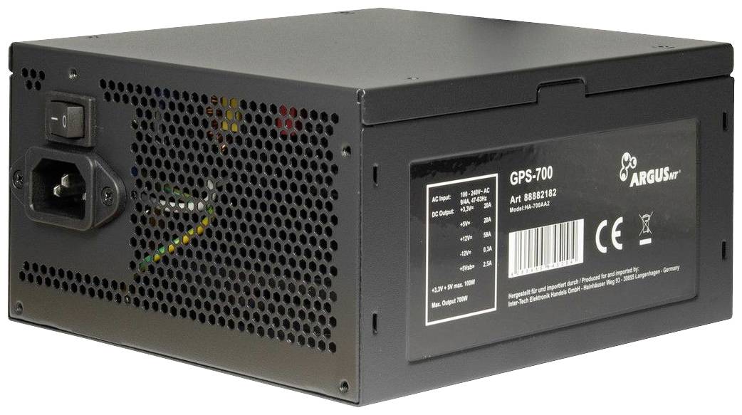 Zasilacz 'Argus GPS-700' z kratką wentylacyjną, złączem kabla sieciowego i oznakowaniem CE na boku.