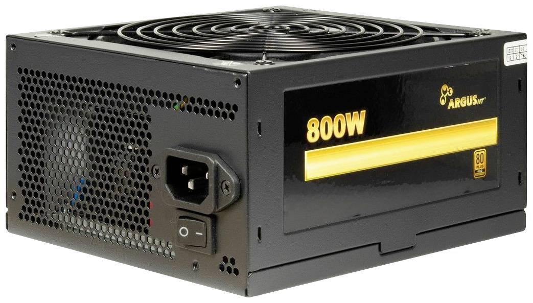 Czarne zasilanie 800W z wentylatorem i złączem zasilającym, odpowiednie do komputerów stacjonarnych. Widoczny certyfikat energooszczędności 80 Plus Bronze.