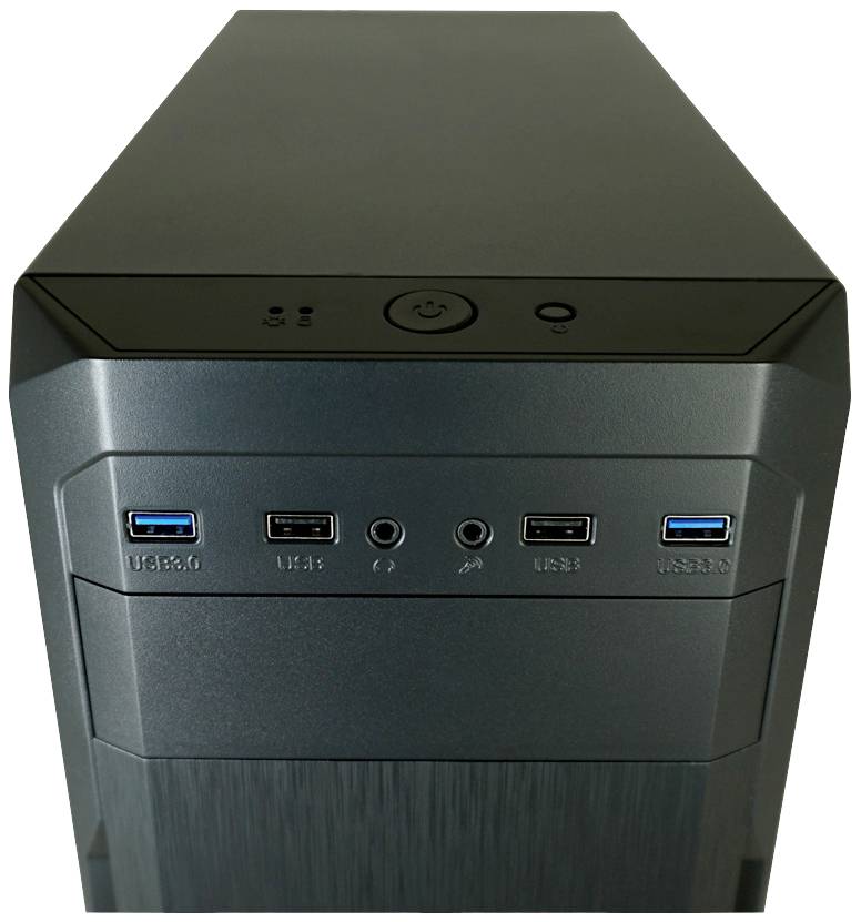 Czarna obudowa komputera z wieloma złączami USB i włącznikiem sieciowym z przodu.