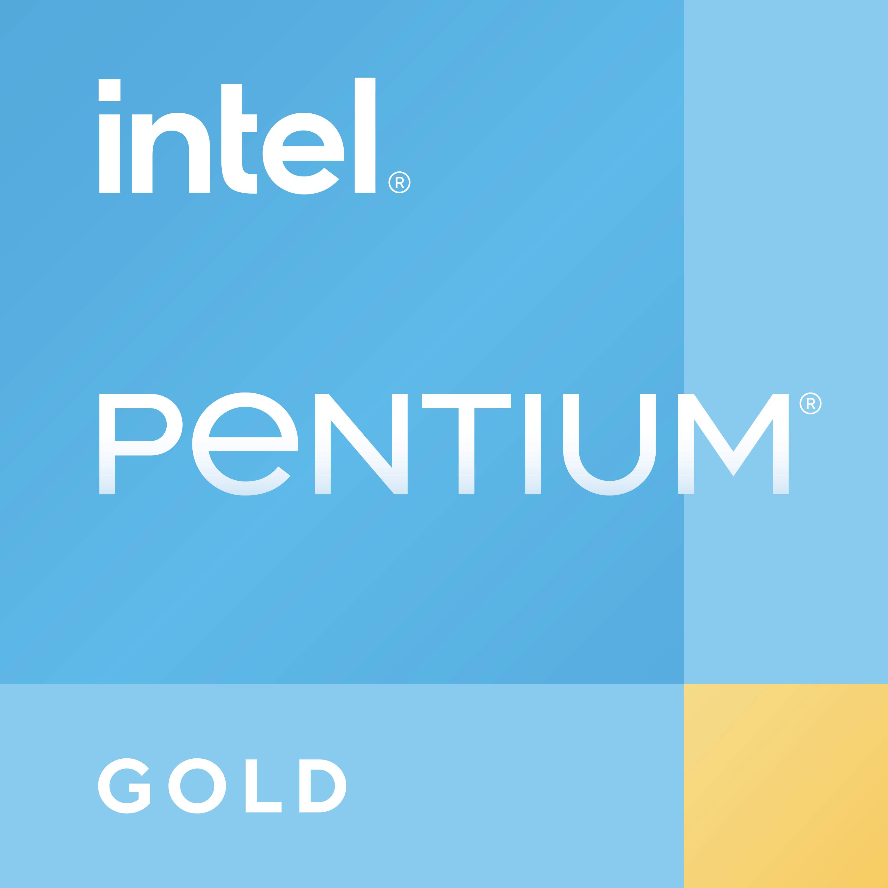 Logo procesora Intel Pentium Gold na niebiesko-żółtym tle.