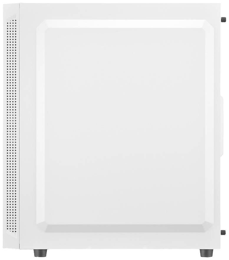 Biała obudowa komputera widziana z boku, o prostym, minimalistycznym designie. Po lewej stronie znajdują się otwory wentylacyjne.