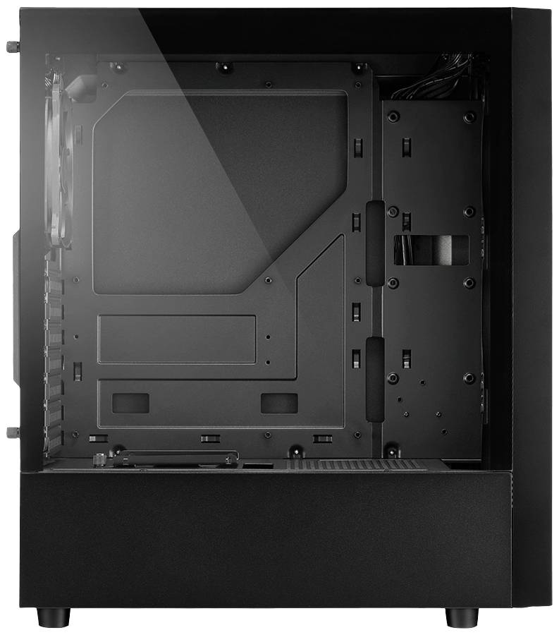 Czarna obudowa komputera z przezroczystym panelem bocznym, pusta przestrzeń wewnętrzna z miejscem na komponenty sprzętowe, minimalistyczny design.