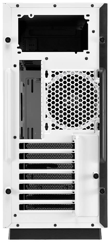 Ilustracja przedstawia tylną część obudowy komputera. Widoczne są kratki wentylacyjne, sloty rozszerzeń oraz gniazda przyłączeniowe.