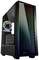 Czarne obudowa komputera z przezroczystym oknem bocznym i kolorowym podświetleniem LED z przodu, prezentuje nowoczesny, stylowy design.