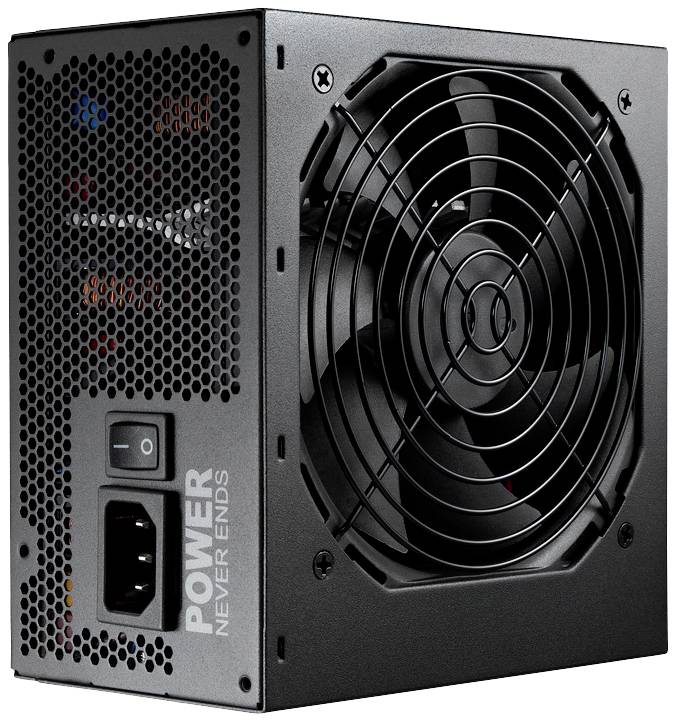 Czarny zasilacz komputerowy z dużym wentylatorem i napisem 'Power Never Ends', przedstawiający złącze sieciowe i przełącznik zasilania.