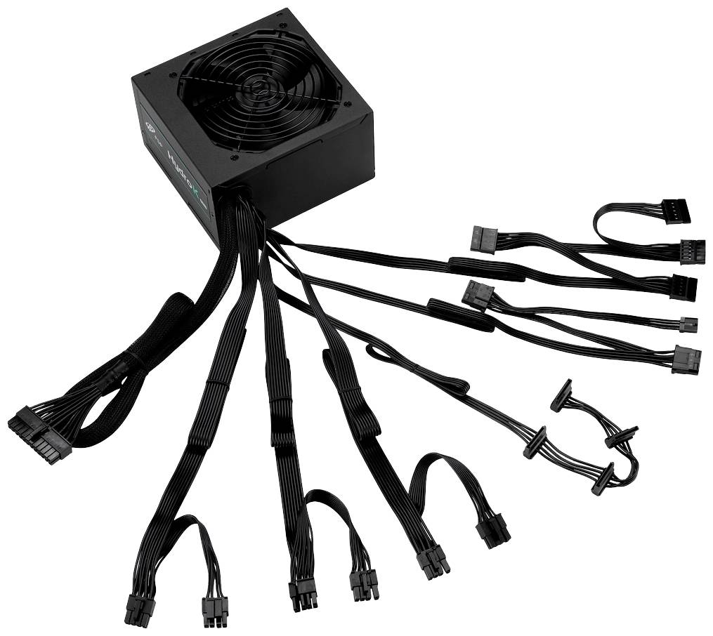 Czarny zasilacz komputerowy z wieloma kablami i złączami, przeznaczony do zasilania komponentów komputerowych.