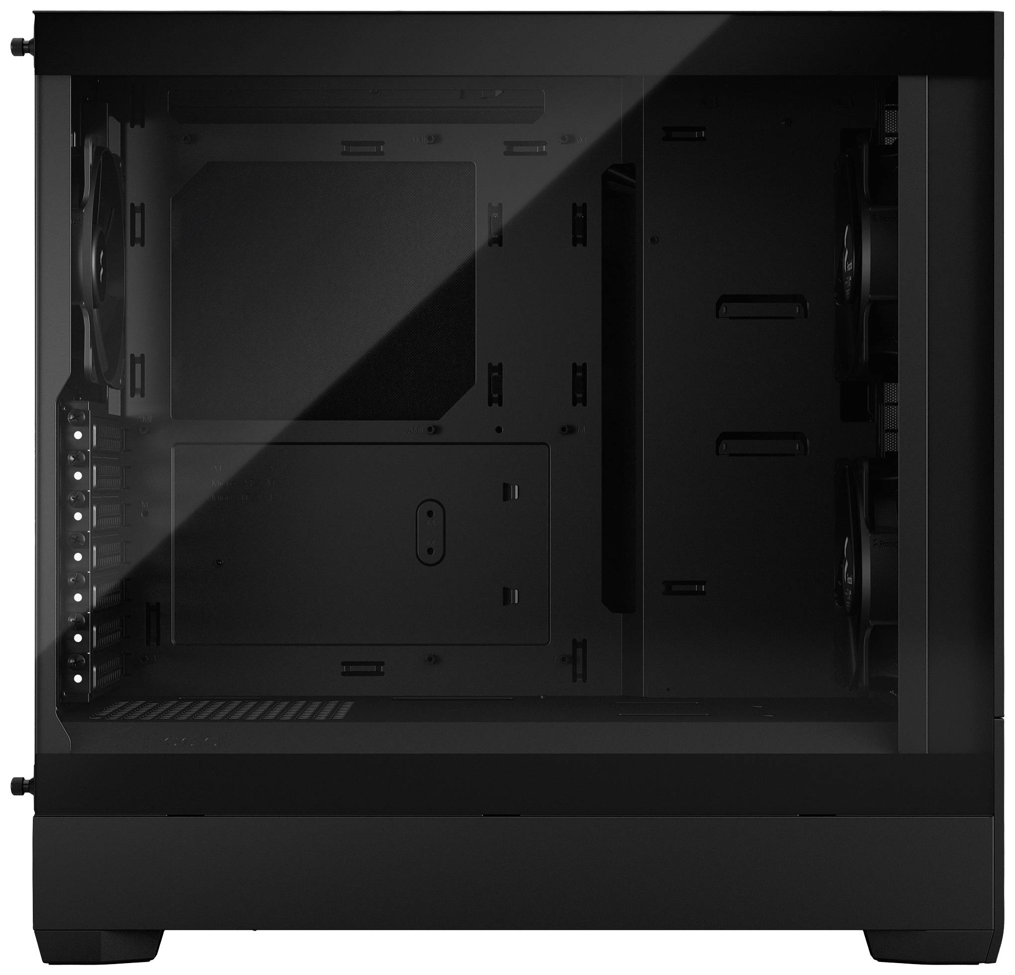 Pusty czarny tower komputerowy z przezroczystym oknem bocznym, ukazujący wewnętrzne komponenty.