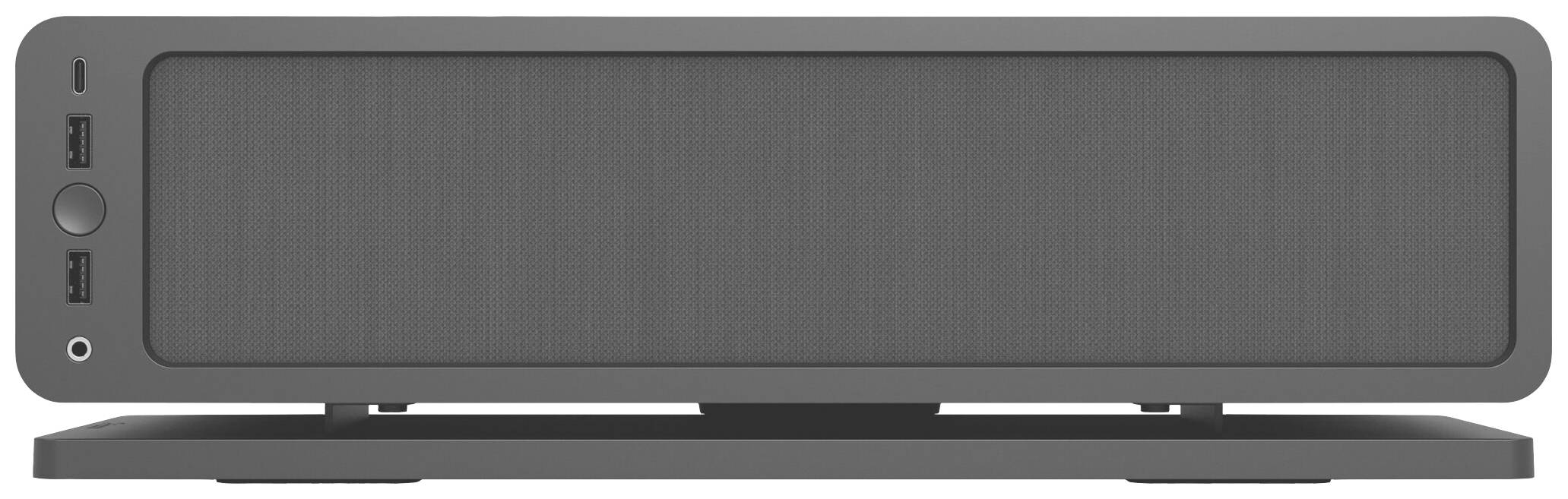 Szary, prostokątny głośnik z dwoma złączami USB i przyciskiem po lewej stronie.