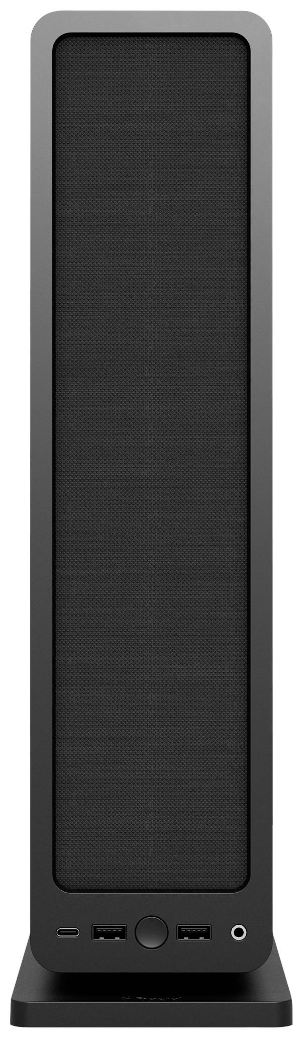 Czarny głośnik komputerowy w pionowej orientacji z kratką na przedniej ściance i złączami z tyłu.