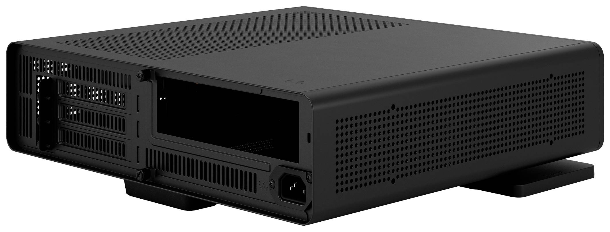Czarna, prostokątna obudowa komputera z otworami wentylacyjnymi, z widocznym tyłem przeznaczonym na złącza.