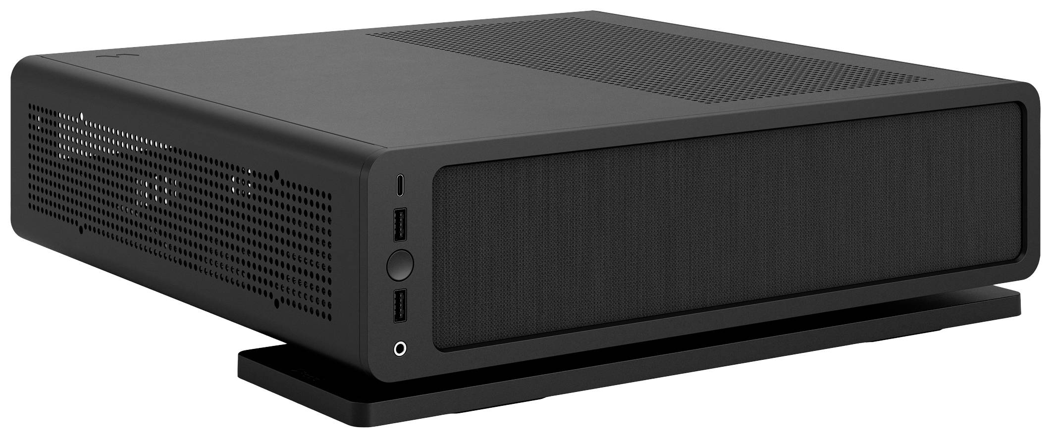 Czarna, prostokątna obudowa komputera z widocznymi otworami wentylacyjnymi i dwoma portami USB z przodu.