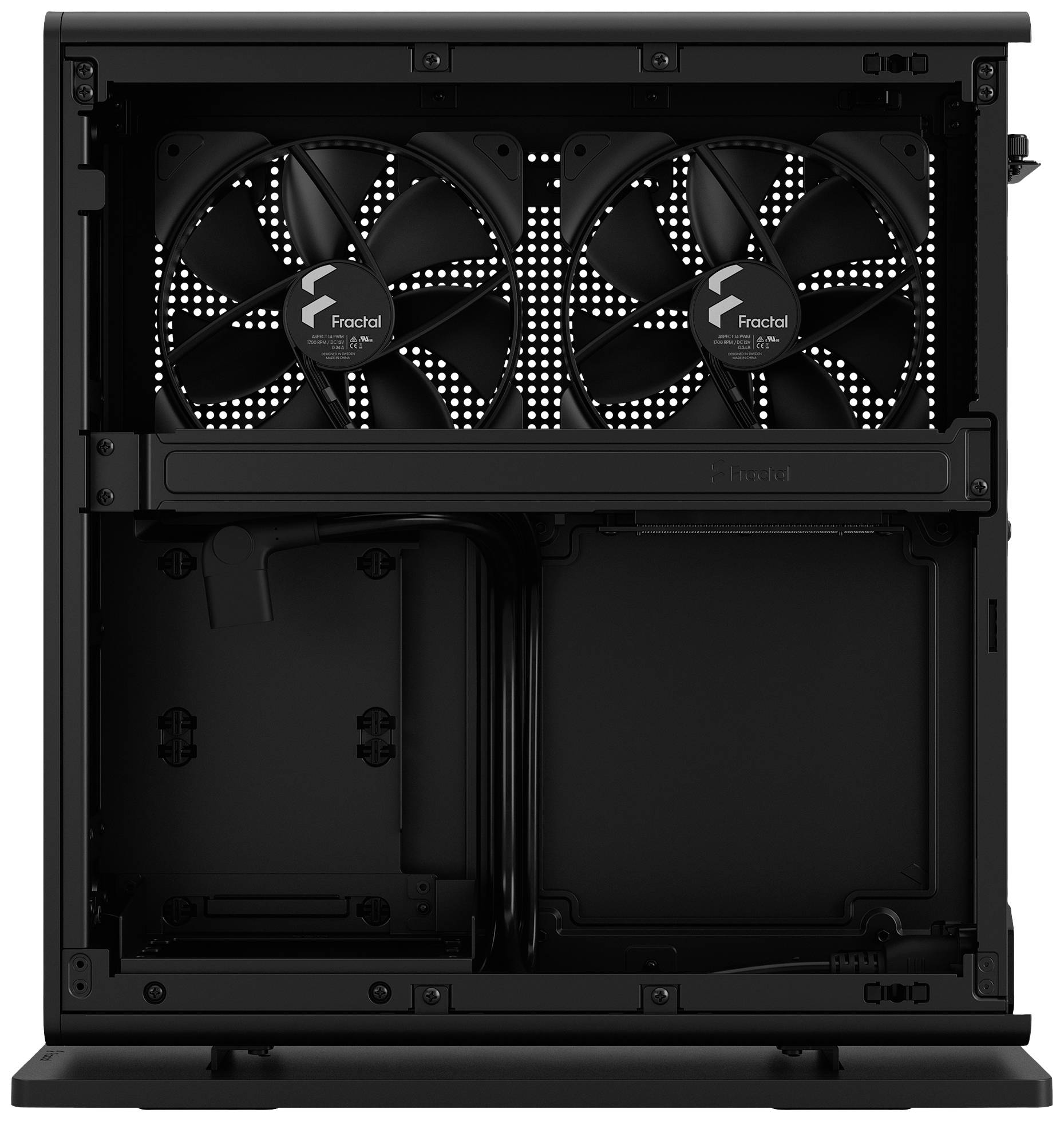 Otwarta obudowa komputerowa firmy Fractal z dwoma dużymi wentylatorami u góry. Wnętrze ukazuje przestrzeń na komponenty sprzętowe.