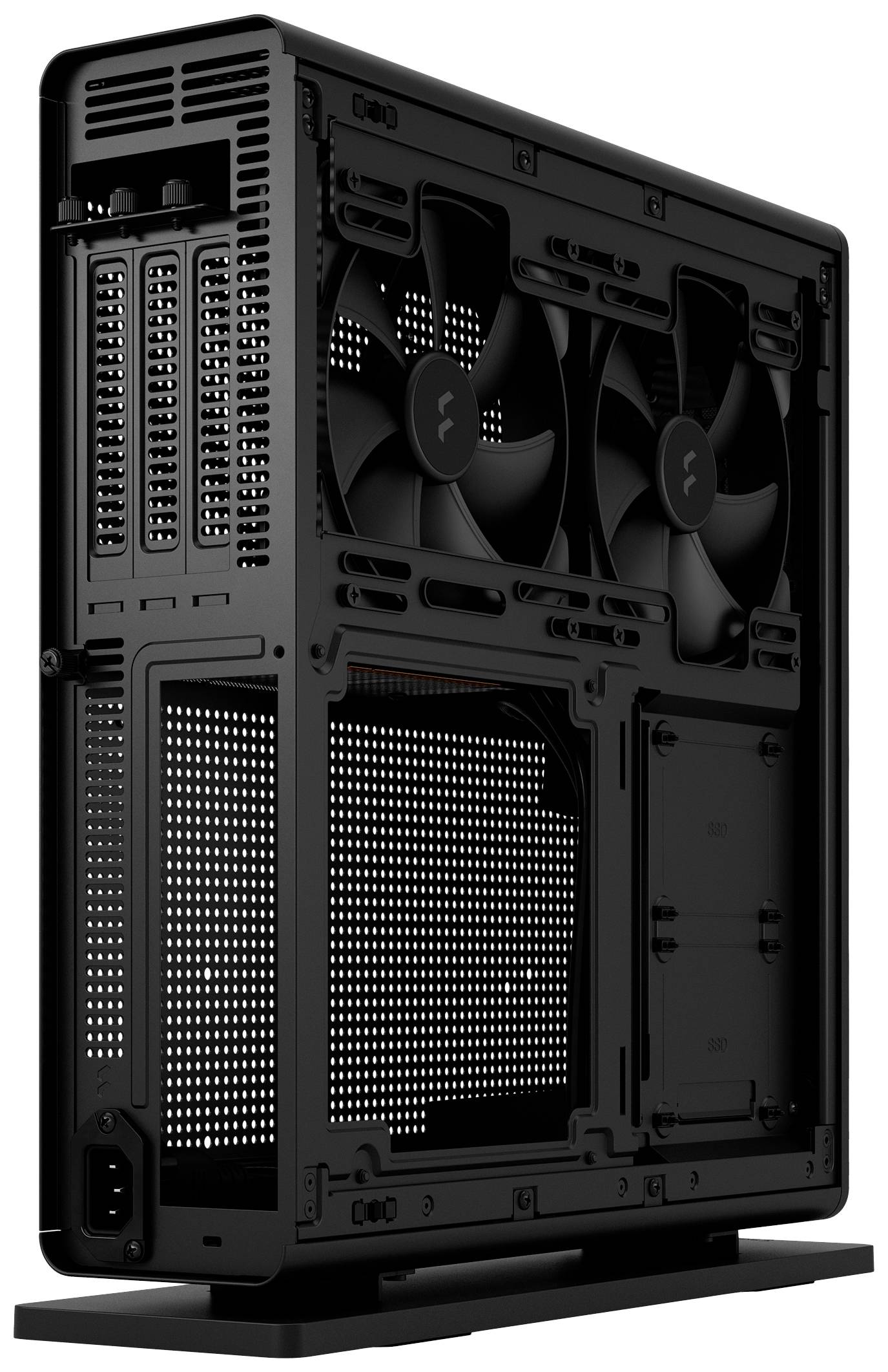 Czarne pionowo ustawione obudowa komputera z widocznymi wentylatorami i otworami wentylacyjnymi.