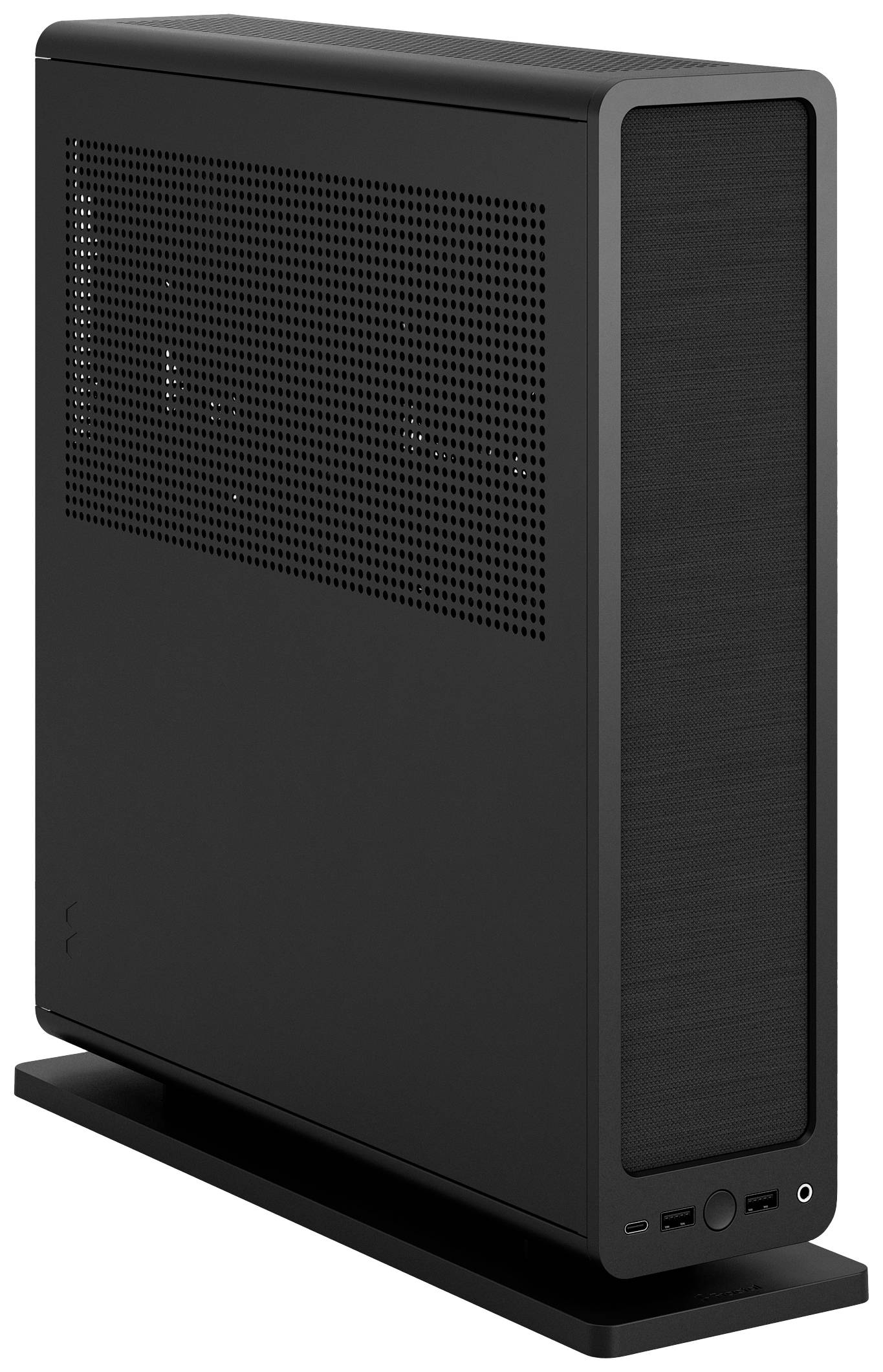 Smukła, czarna obudowa komputera ustawiona pionowo, z widocznymi z przodu dwoma portami USB.