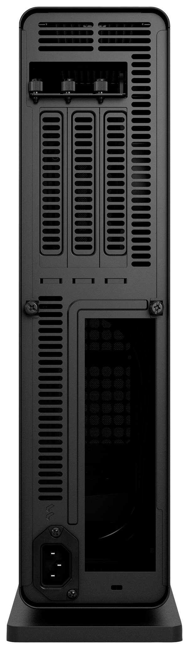 Tylna strona czarnego urządzenia elektronicznego prezentuje otwory wentylacyjne, gniazdo przyłączeniowe oraz dwie śruby mocujące.