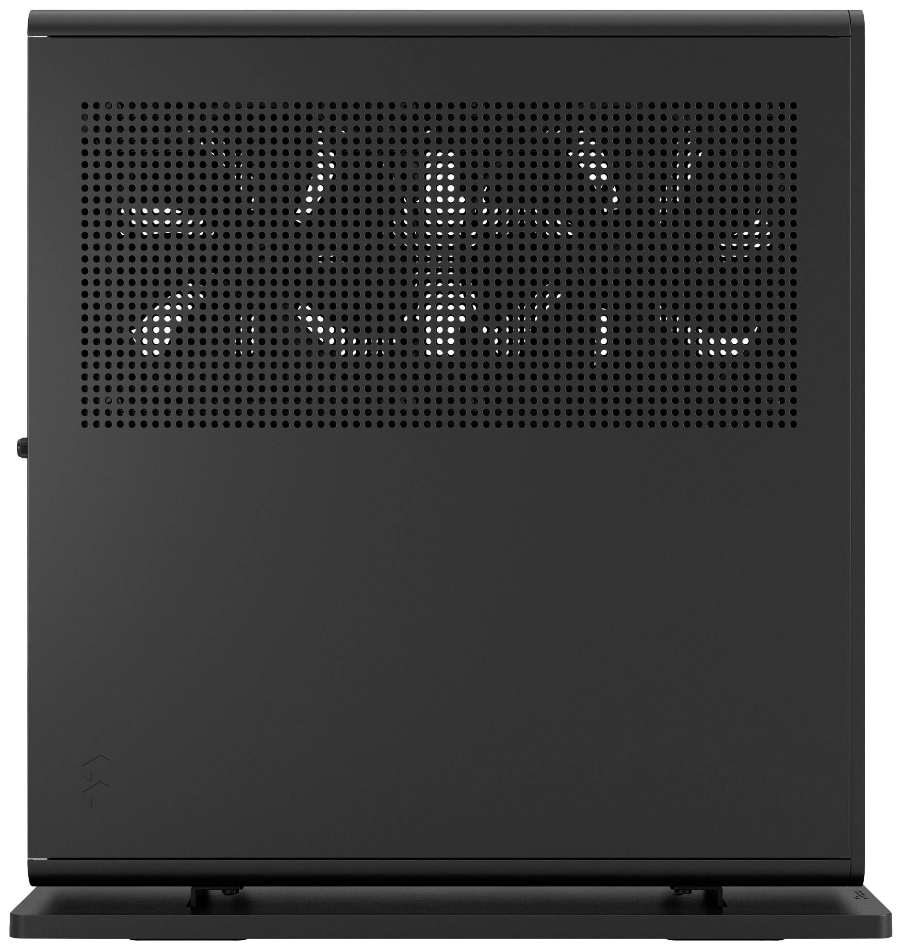 Czarne obudowa komputera, widok z boku z kratką wentylacyjną u góry. Minimalistyczny design, kompaktowy i funkcjonalny.