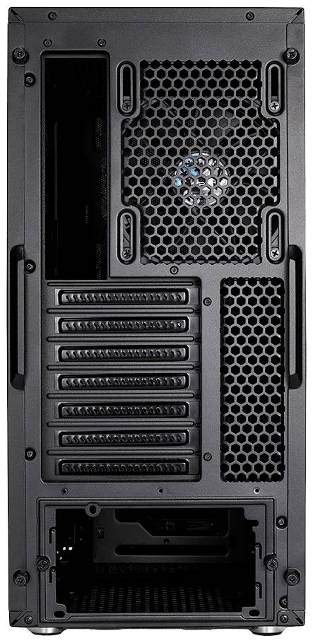 Obudowa komputera, widok z tyłu: Dziesięć slotów na karty rozszerzeń, kratki wentylacyjne oraz otwór zasilacza.