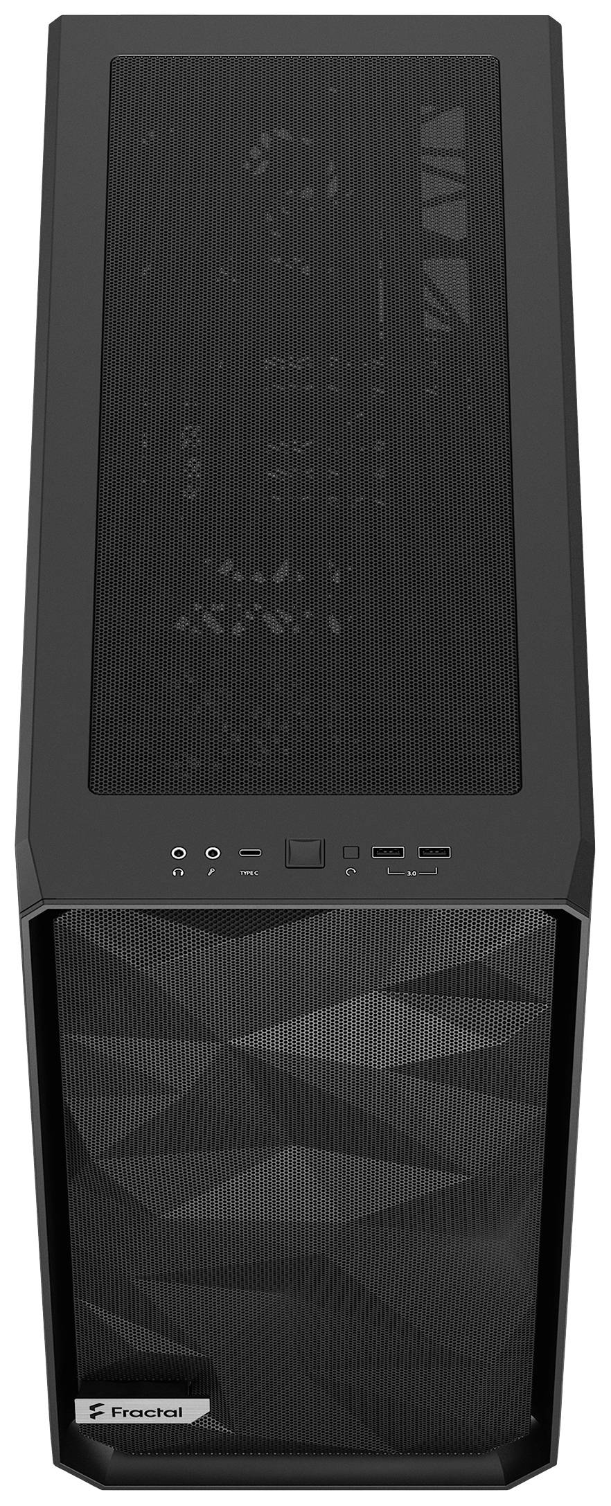 Czarna obudowa komputera z zasilaczem i charakterystycznym wzorem na froncie. Na przedniej ścianie znajduje się logo marki.