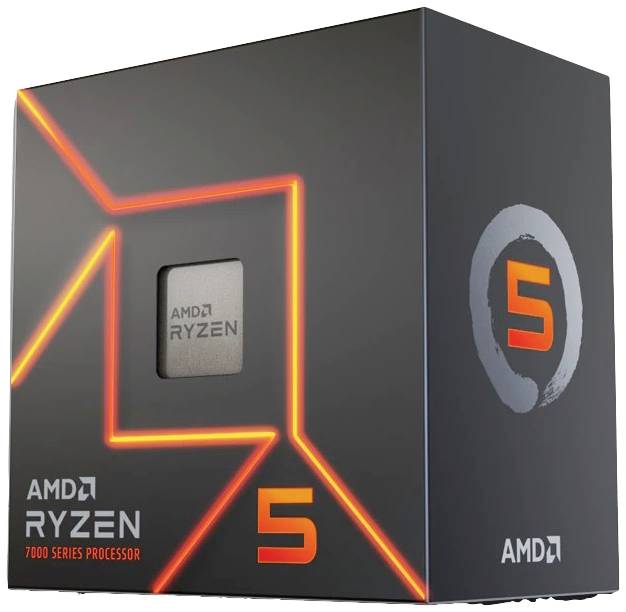 Opakowanie procesora AMD Ryzen 5 z serii 7000 z podświetlanym wzorem linii i logo.