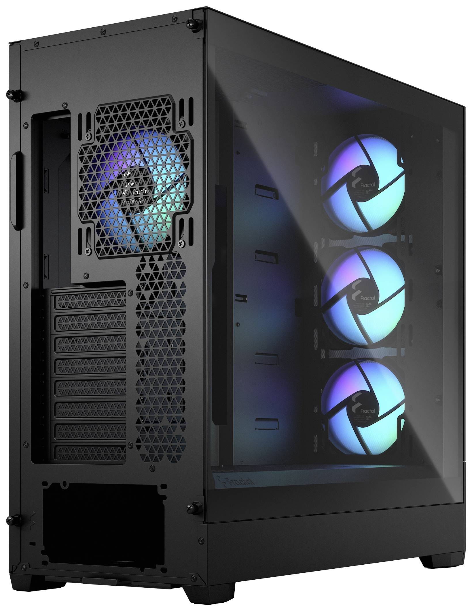 Czarna obudowa komputera ze szklanym panelem, prezentująca wewnątrz podświetlane wentylatory w niebieskich i fioletowych barwach.