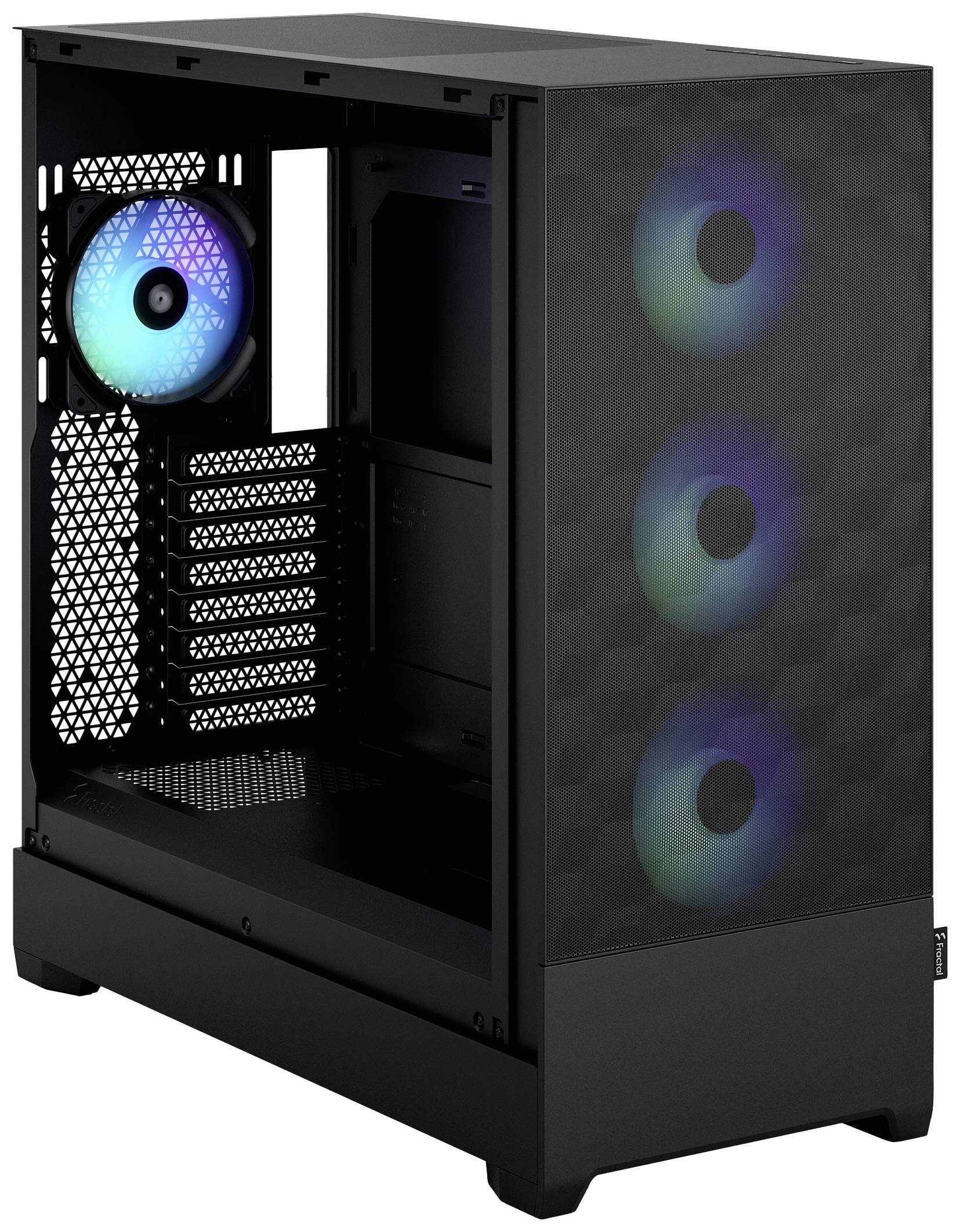 Czarna obudowa komputera z bocznym otworem, trzema świecącymi wentylatorami z przodu i niebieskim wentylatorem z tyłu.