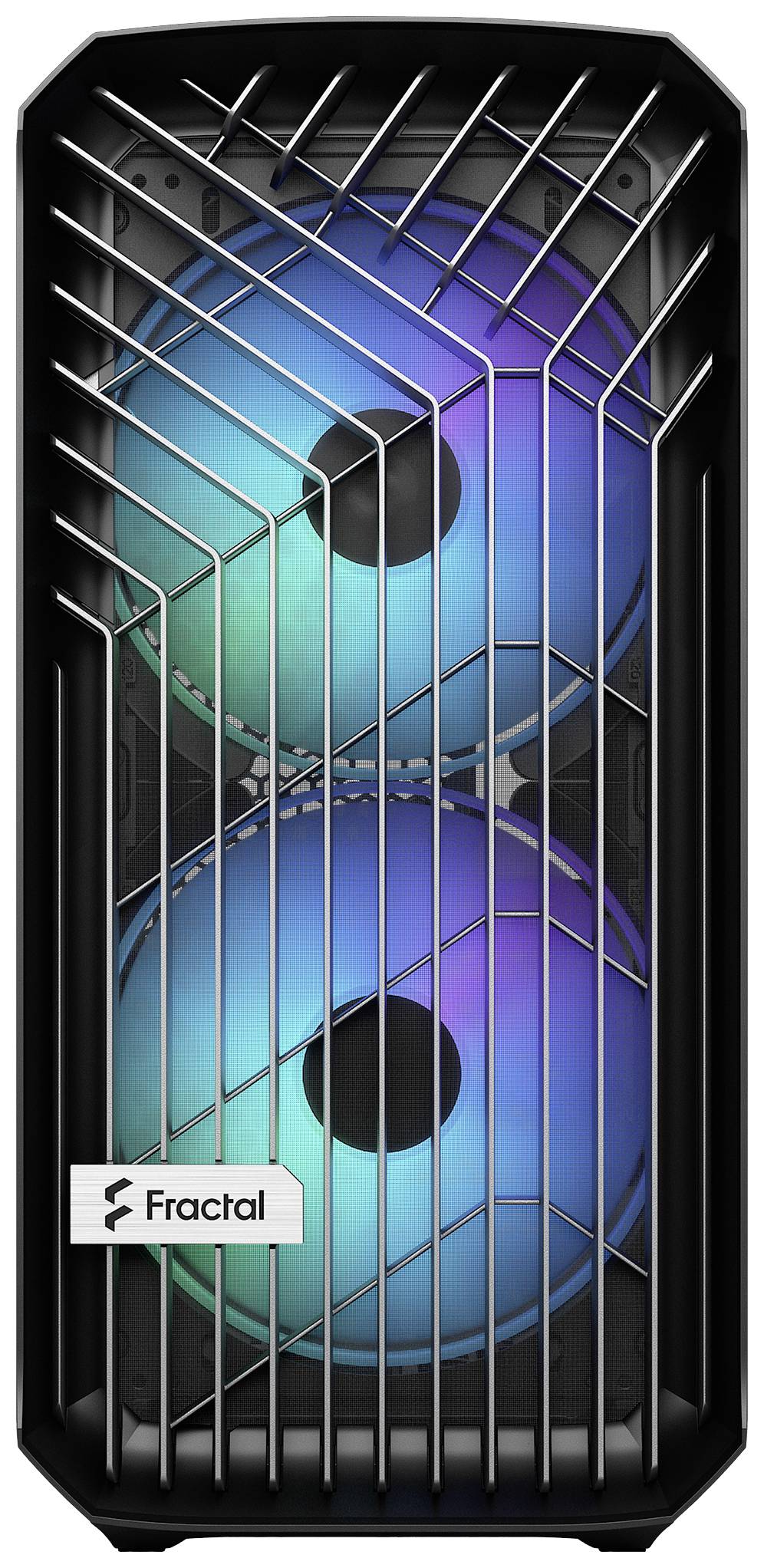 Obudowa komputera z dwoma widocznymi wentylatorami RGB za czarną, geometrycznie ukształtowaną kratką.