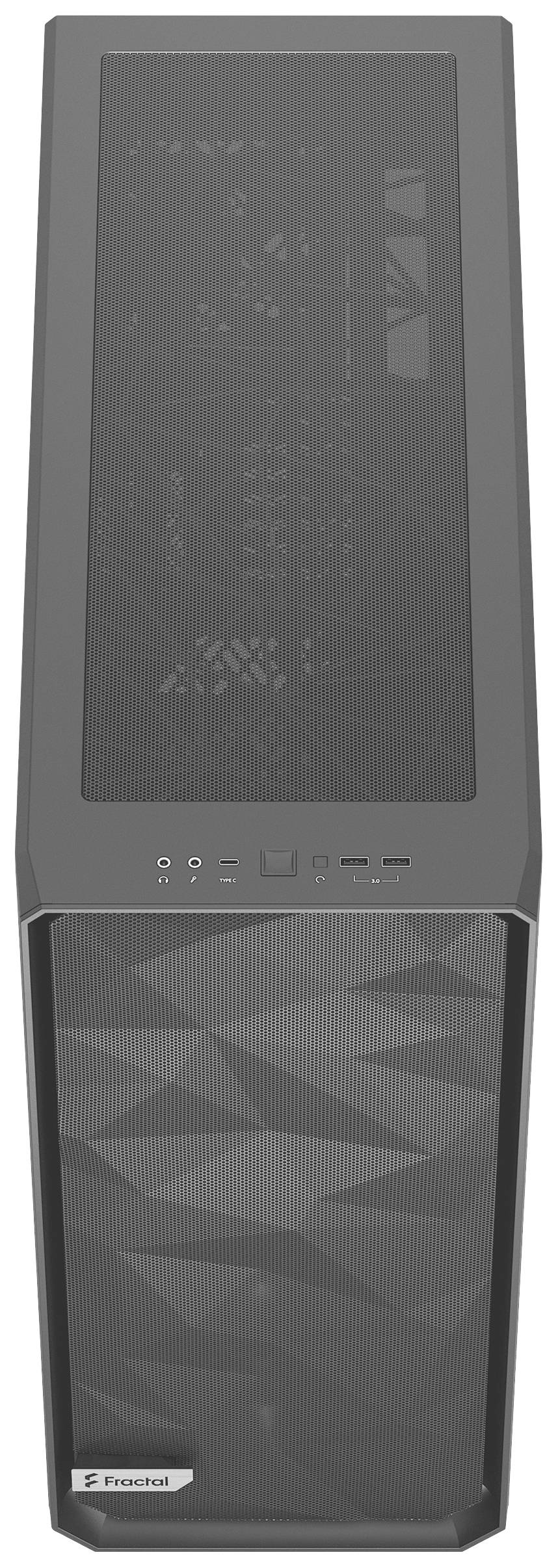 Czarna obudowa komputerowa z geometrycznym wzorem na froncie i kilkoma portami u góry, idealna do projektów budowy komputera PC.