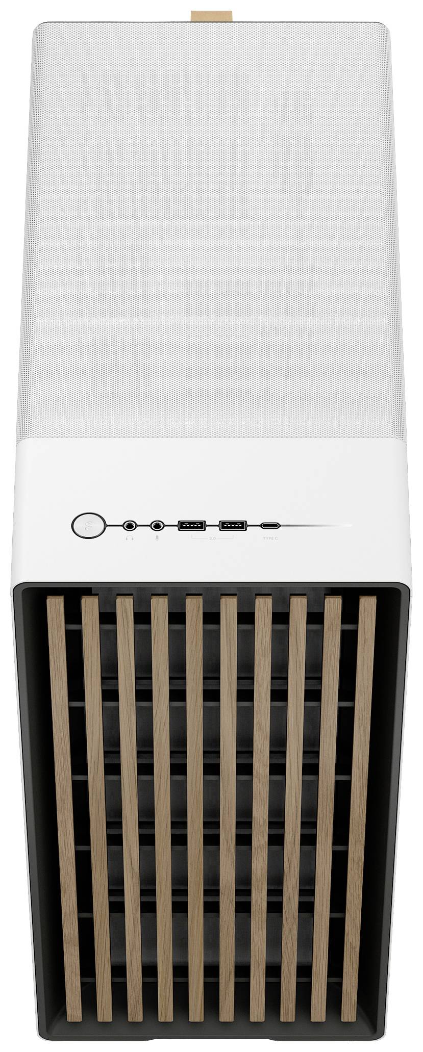 Prostokątny, wieżowy oczyszczacz powietrza w kolorze białym z drewnianymi akcentami i przyciskami na przedniej stronie.