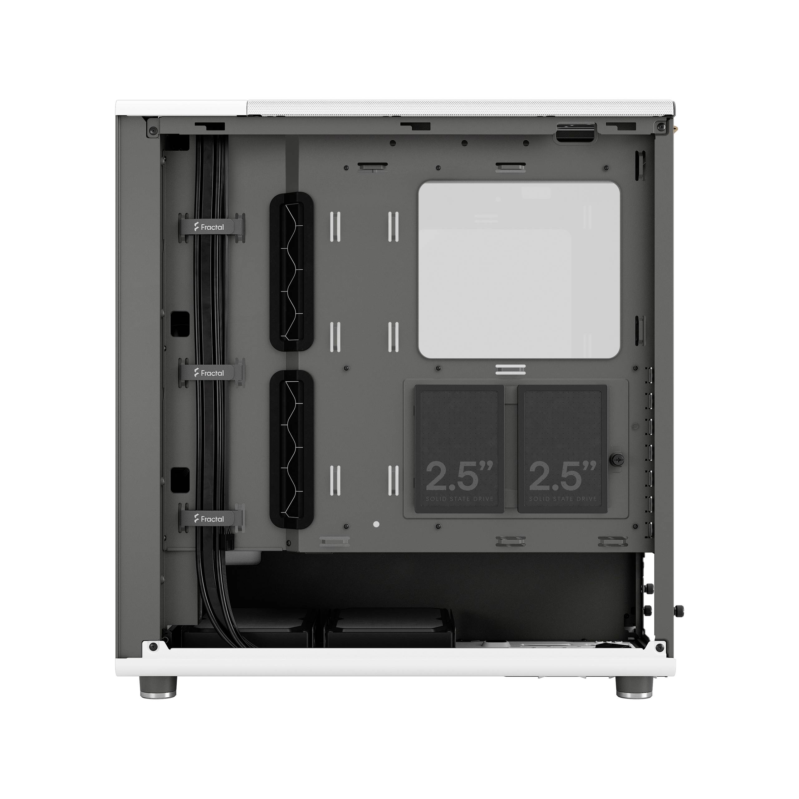 Pusta obudowa komputera z widokiem wewnętrznym. Widoczne zarządzanie kablami i punkty montażowe dla napędów. Miejsce na dyski 2,5-calowe.