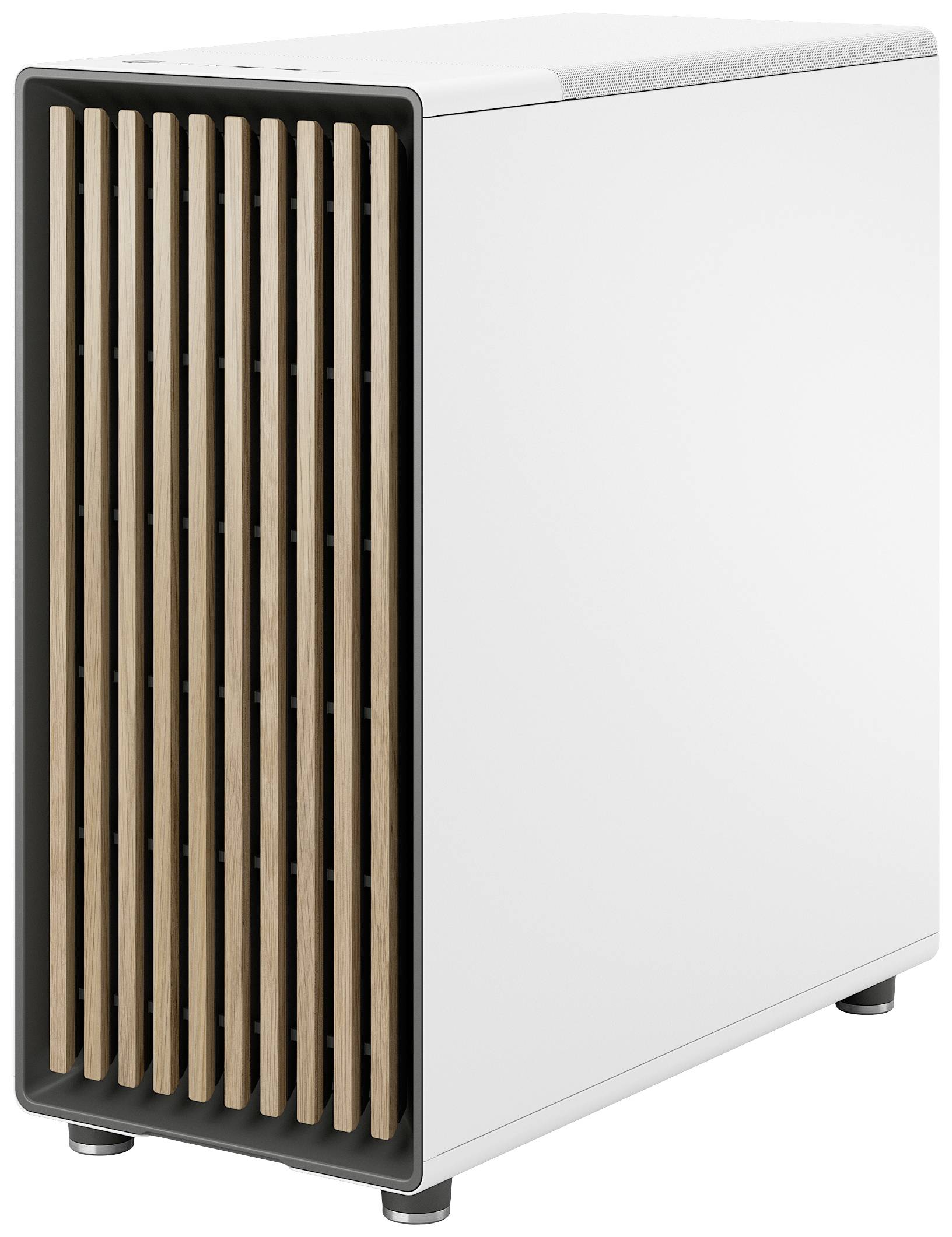 Nowoczesny oczyszczacz powietrza z białą obudową i drewnianymi lamelkami z przodu. Prosty, minimalistyczny design do wnętrz.