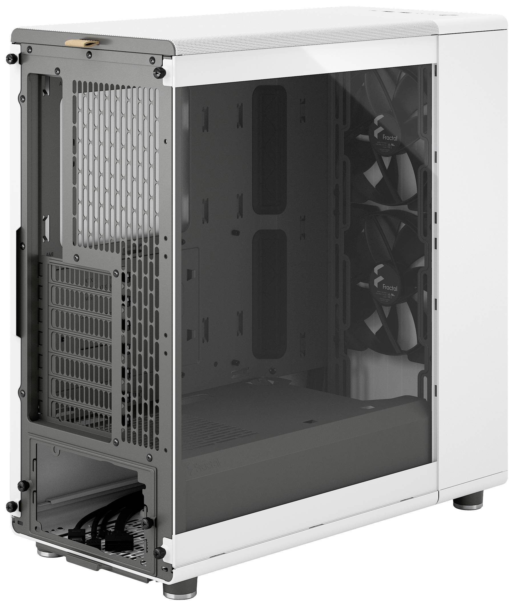 Białe obudowie komputera z oknem szklanym widać dwa wbudowane wentylatory z tyłu. Obudowa jest otwarta i pusta.