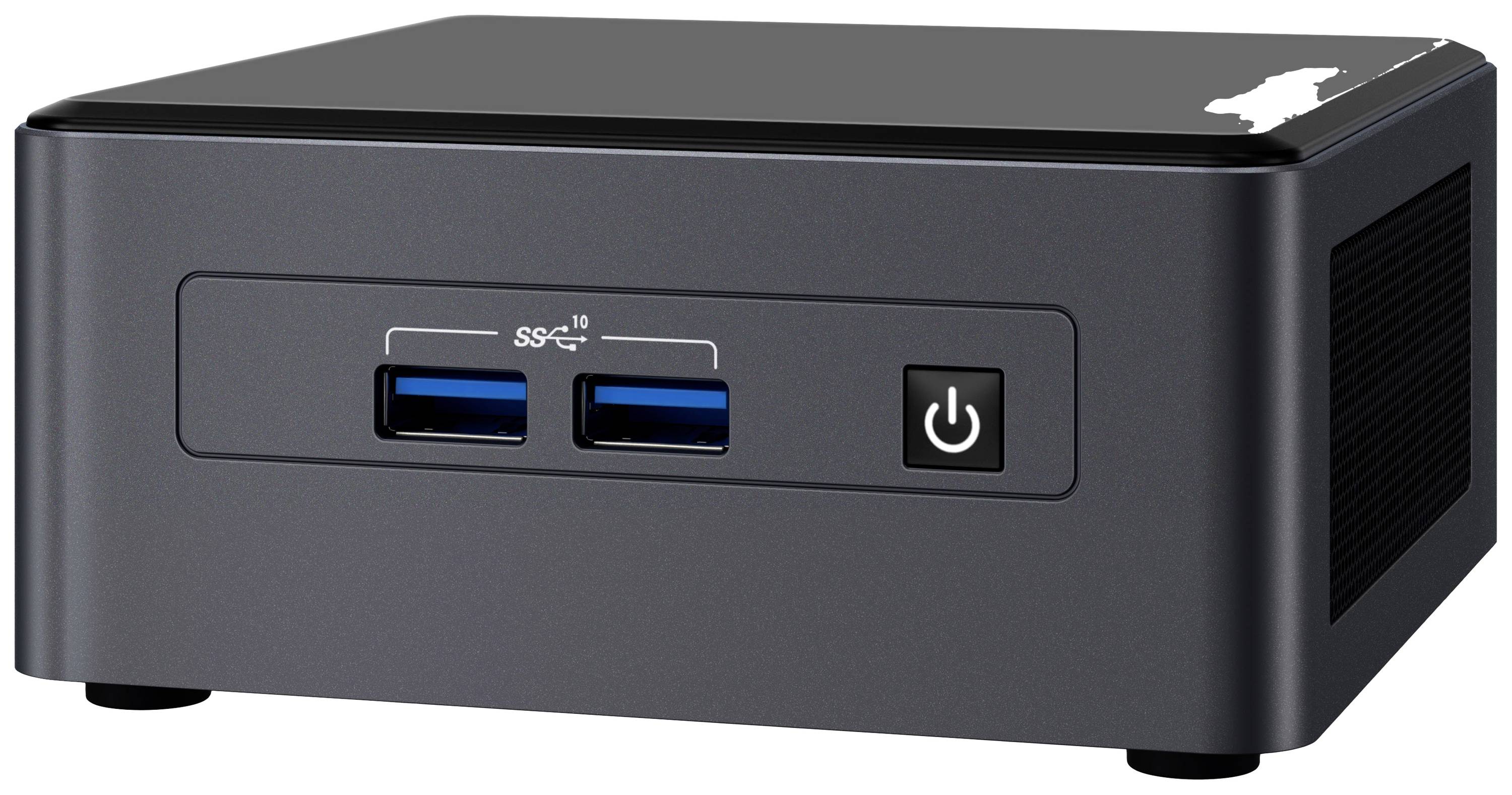 Kompaktowy mini-komputer z dwoma portami USB i przełącznikiem włączania/wyłączania na przedniej części obudowy.