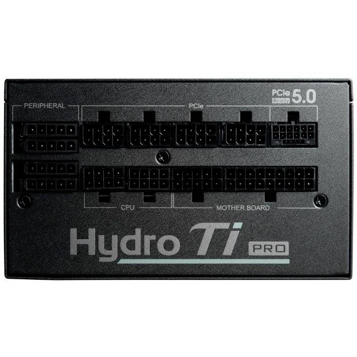 Czarna jednostka zasilacza PC z napisem 'Hydro Ti Pro'. Na górze: złącza dla urządzeń peryferyjnych, PCIe, CPU, płyty głównej. Po prawej: 'PCIE Ready 5.0'.