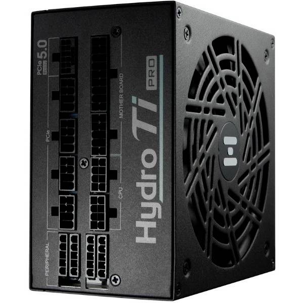 Czarny zasilacz komputerowy o nazwie 'Hydro Ti Pro' z wieloma gniazdami przyłączeniowymi i wentylatorem po prawej stronie.